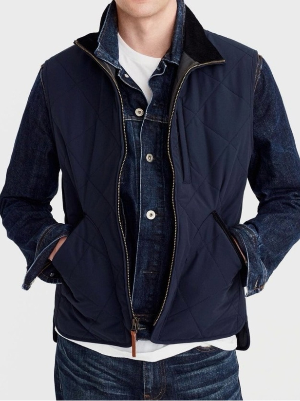 J Crew Sussex Navy Blue Quilted Vest with Corduroy Trim